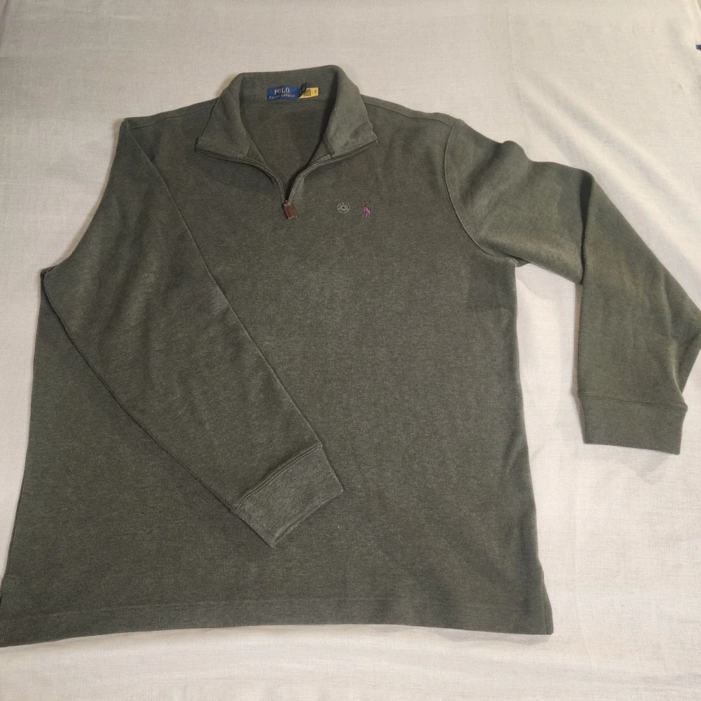 NWOT Polo Ralph Lauren Quarter Zip Knit Long Sleeve-Purple Logo, Gray Cotton, XL